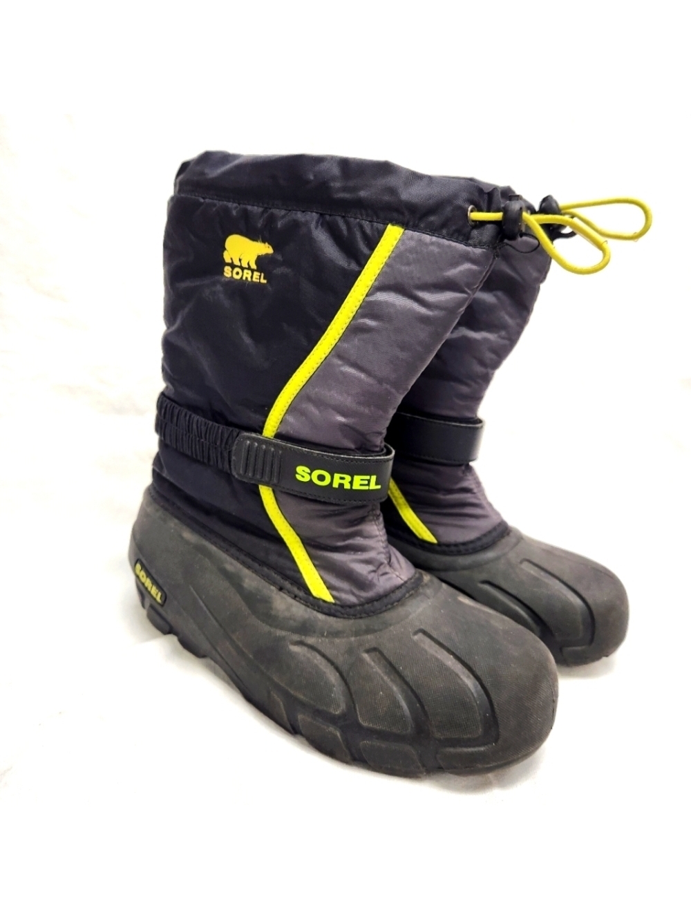 SOREL Flurry Padded Drawstring Snow Winter Weather Boot Youth 7 Black Neon Green